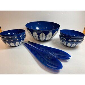 RARE Cathrineholm Norway Blue Lotus 9 pc Salad Set Includes Serving Spoon & Fork